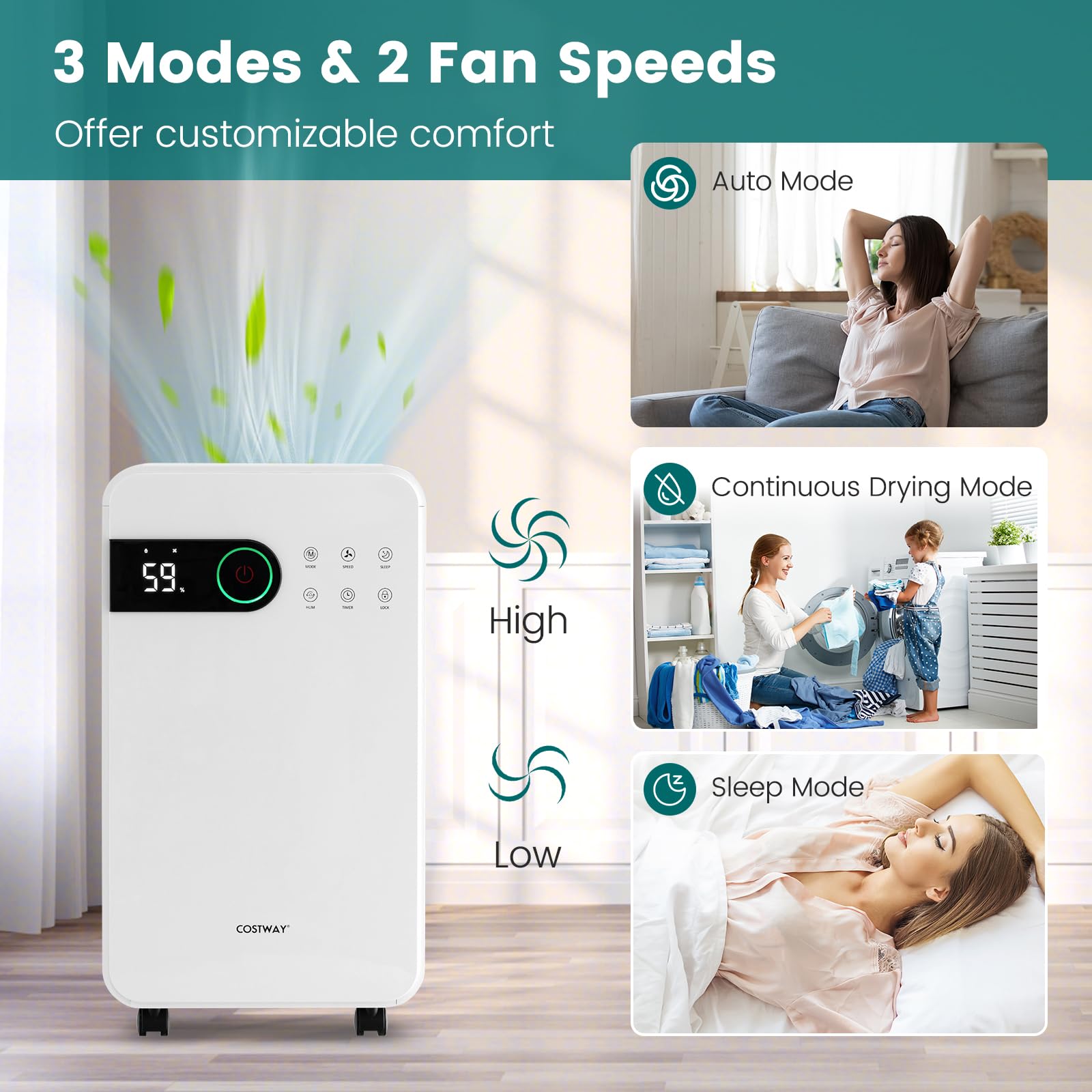 FANTASK Osuszacz powietrza 3 w 1 z wyświetlaczem LED i ekranem dotykowym, 15 l/dzień osuszacz wewnętrzny w 3 trybach i 2 poziomach prędkości, wielkość pomieszczenia ok. 15 m², cichy osuszacz do