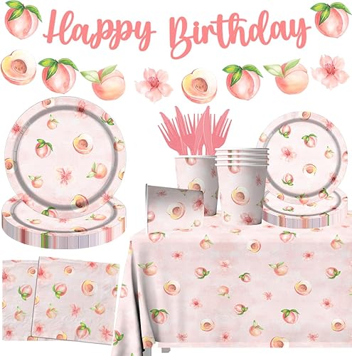 Suministros para fiesta de cumpleaños de frutas de melocotón, juego de vajilla con temática de cumpleaños de 142 piezas, incluye platos de melocotón