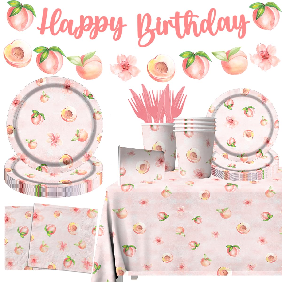 Peach Fruit Birthday Party Supplies,142pcs Sweet As A Peach Birthday Theme Tableware Set Include Peach Plates and Napkins Peach Party Plates for Peach