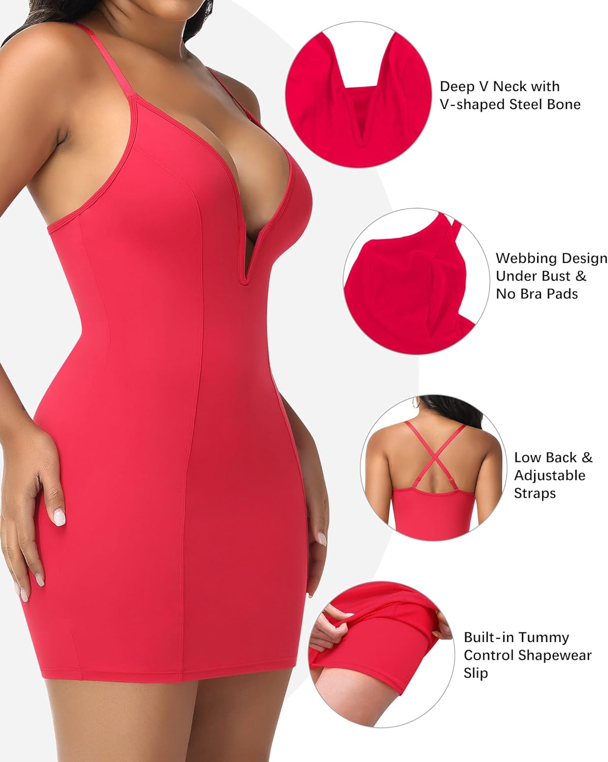 SHAPERIN Women's Deep V Neck Mini Dress Built-in Shapewear Slip Tummy Control Bodycon Night Out Party Short Dresses - Image 3