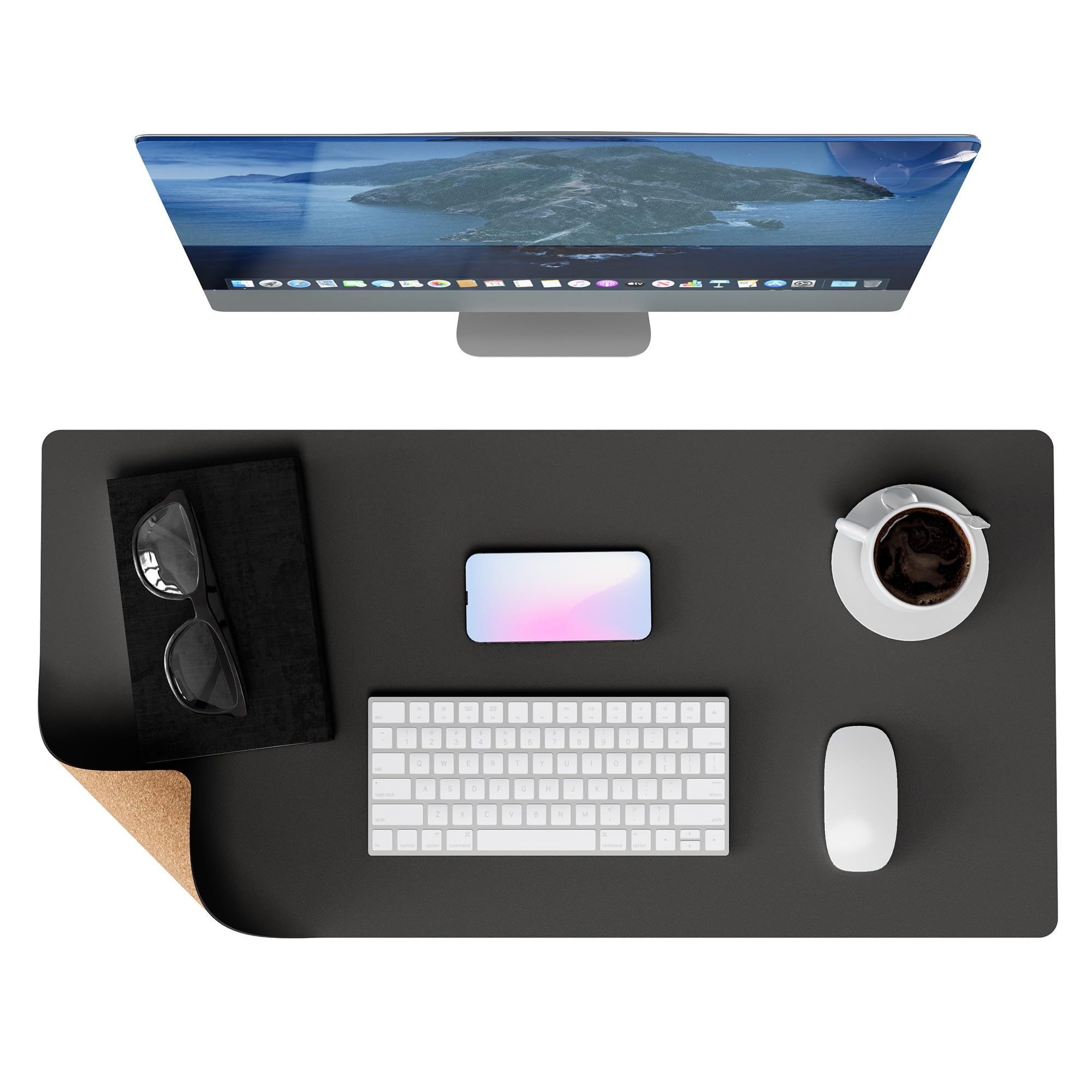 Cork Desk Mat for Desktop, Dual-Sided Desk Protector Blotter Pad, Waterproof Large Mouse Keyboard Pad on Top of Desks - Eco Leather & Natural Cork (Dark Grey 31.5" x 15.7")