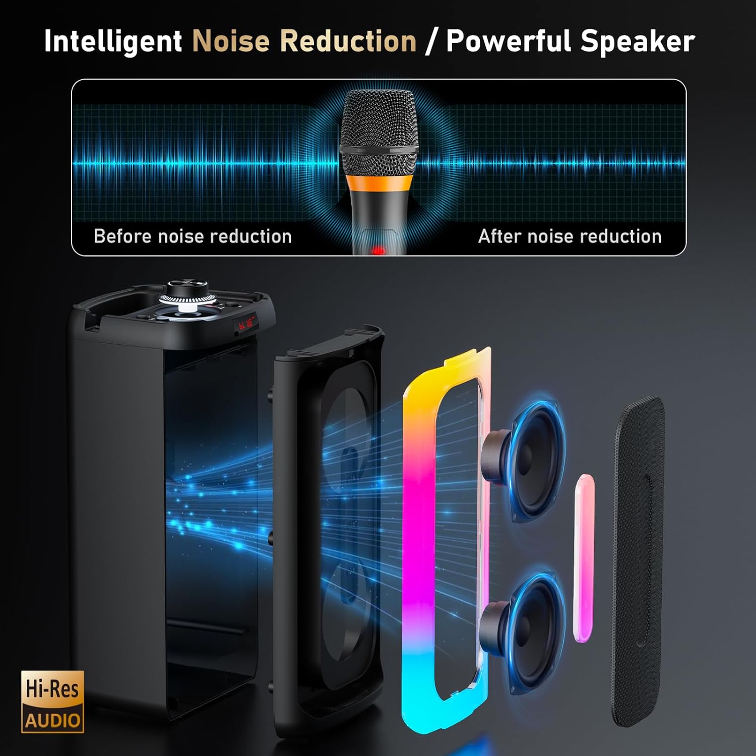 Diagram showing intelligent noise reduction technology in the HWWR T25T microphone