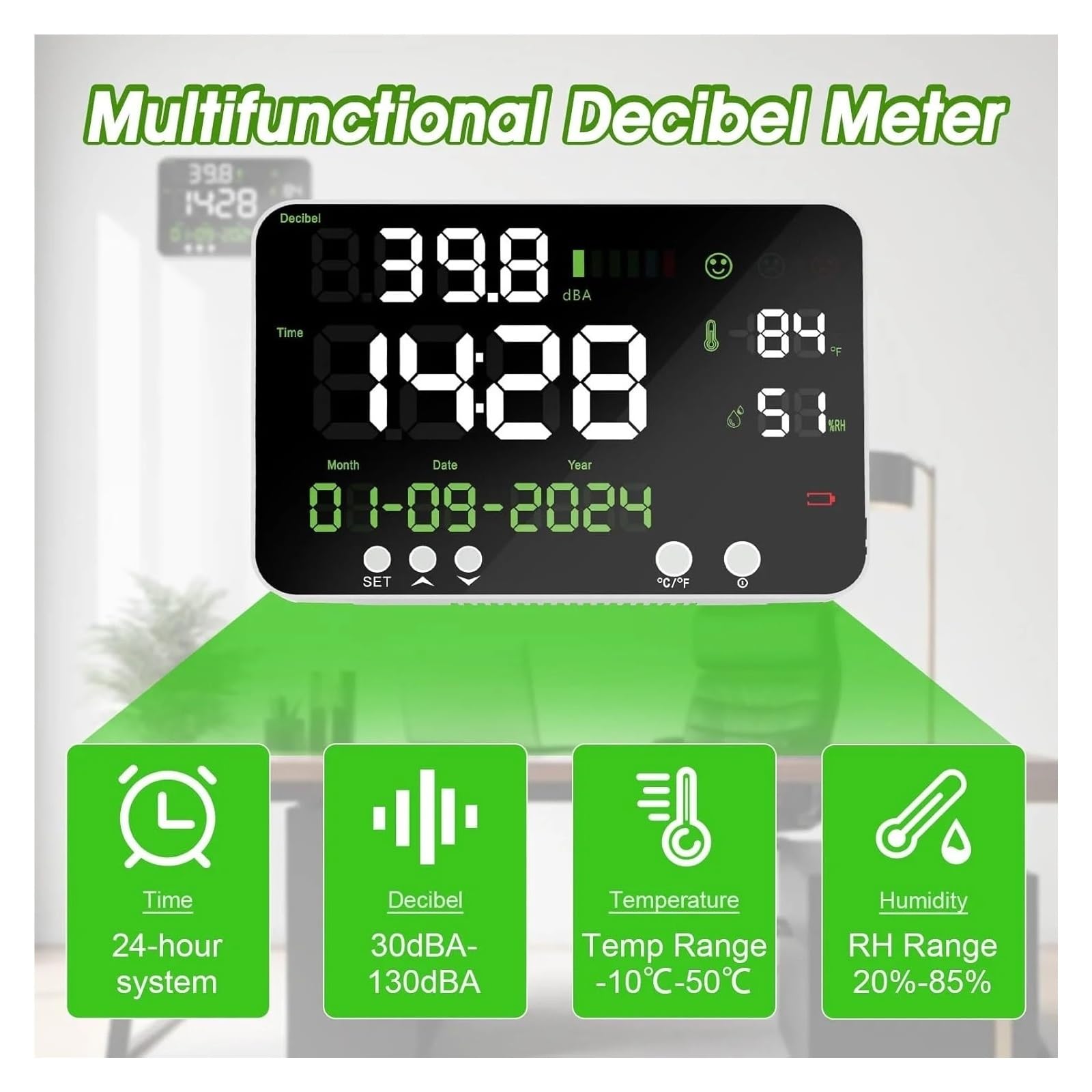 Medidor de Decibeles, Medidor de decibelios Nivel sonido montado en la pared Muestra Hora Temperatura Humedad Fecha, Monitor ruido