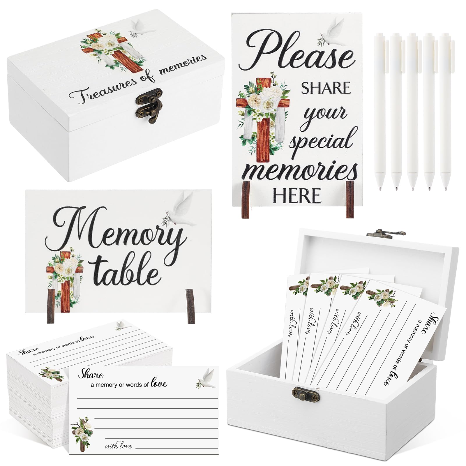 Gilprop 112 Pcs Celebration of Life Memory Cards Set Share a Memory Cards with Box 2 Wood Sign with 4 Hold and 5 Pens, Sympathy Memorial Gifts Funeral Keepsake Decorations(Cross) — image 1