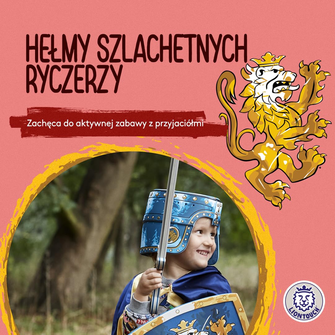 Liontouch Szlachetny kask rycerski, niebieski i czerwony, średniowieczna zabawka do zabawy w formie pianki dla dzieci z dekoracją złotego lwa, trwałe i bezpieczne akcesoria do przebrania i kostiumów