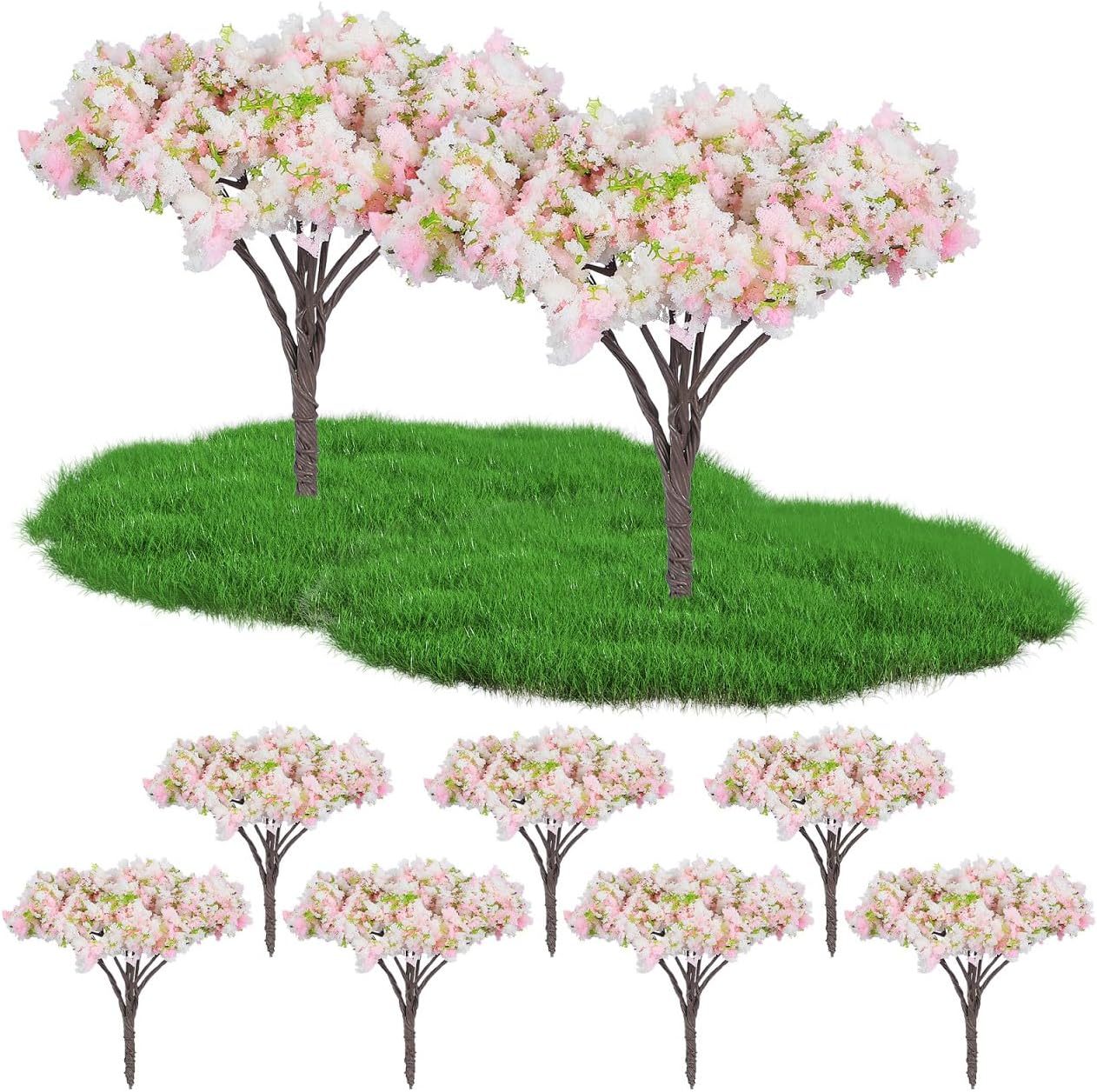 HOMSFOU 8pcs Cherry Blossom Tree Model, Artificial Blossom Cherry Tree Scenery Model Miniature Sand Table Accessories for Train Railway Architecture Diorama Micro Landscape Garden Yard Decor