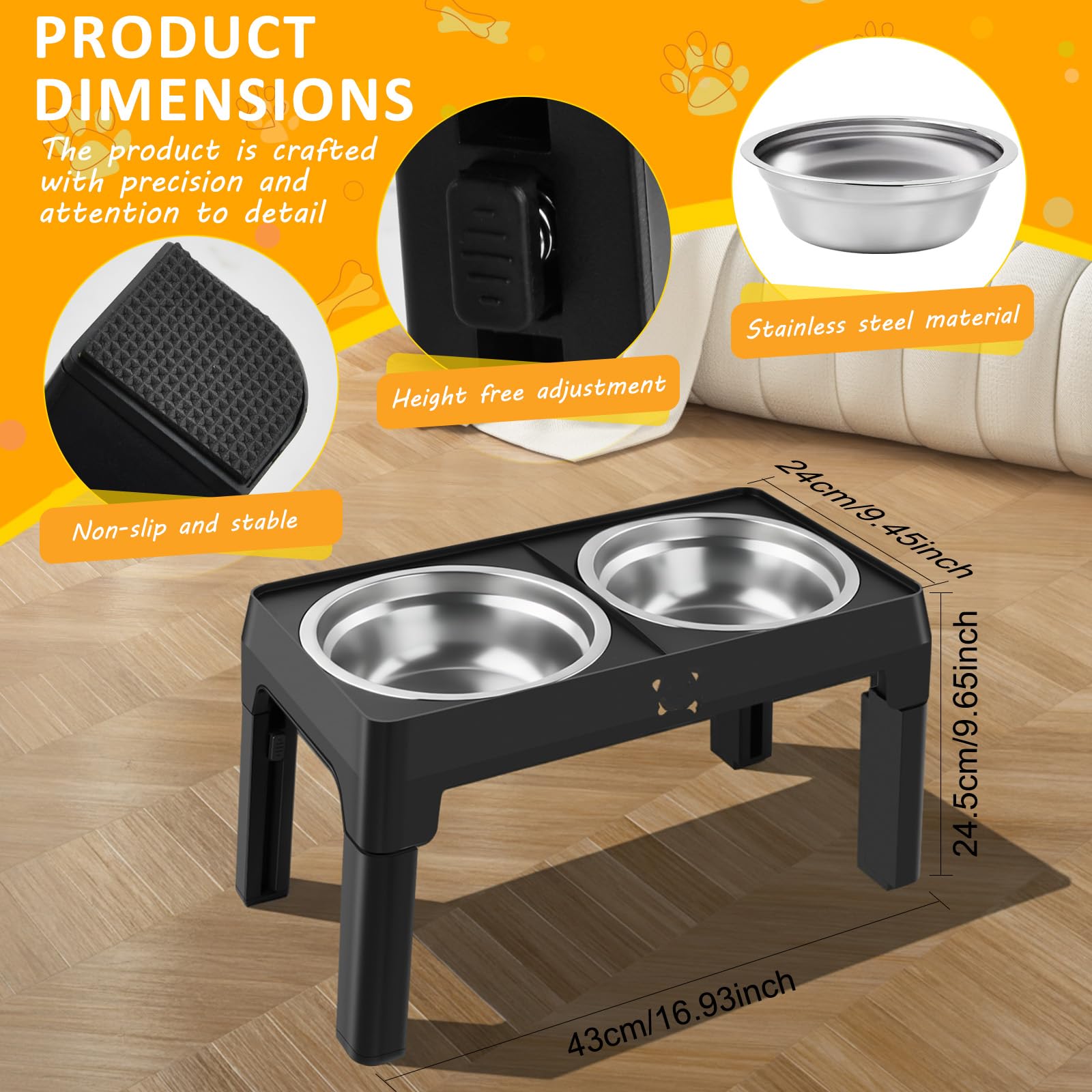 Comedero Perro Elevado de 5 Alturas Ajustables, con 2 Cuencos de Acero Inoxidable de 1,5L, Antideslizante y Plegable, Comederos Elevados para Perros Pequeños, Medianos y Grandes (Negro)