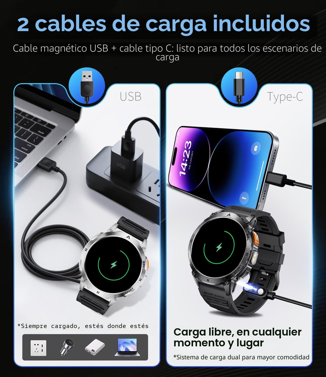 LIGE Reloj Inteligente Hombre con Luz LED, 730mAh Smartwatch 3ATM Resistente al Agua, 1,62'' AMOLED Fitness Watch con 119 Modos de Deporte, Monitor de Ritmo Cardíaco/Sueño para iOS Android, 2 Cables