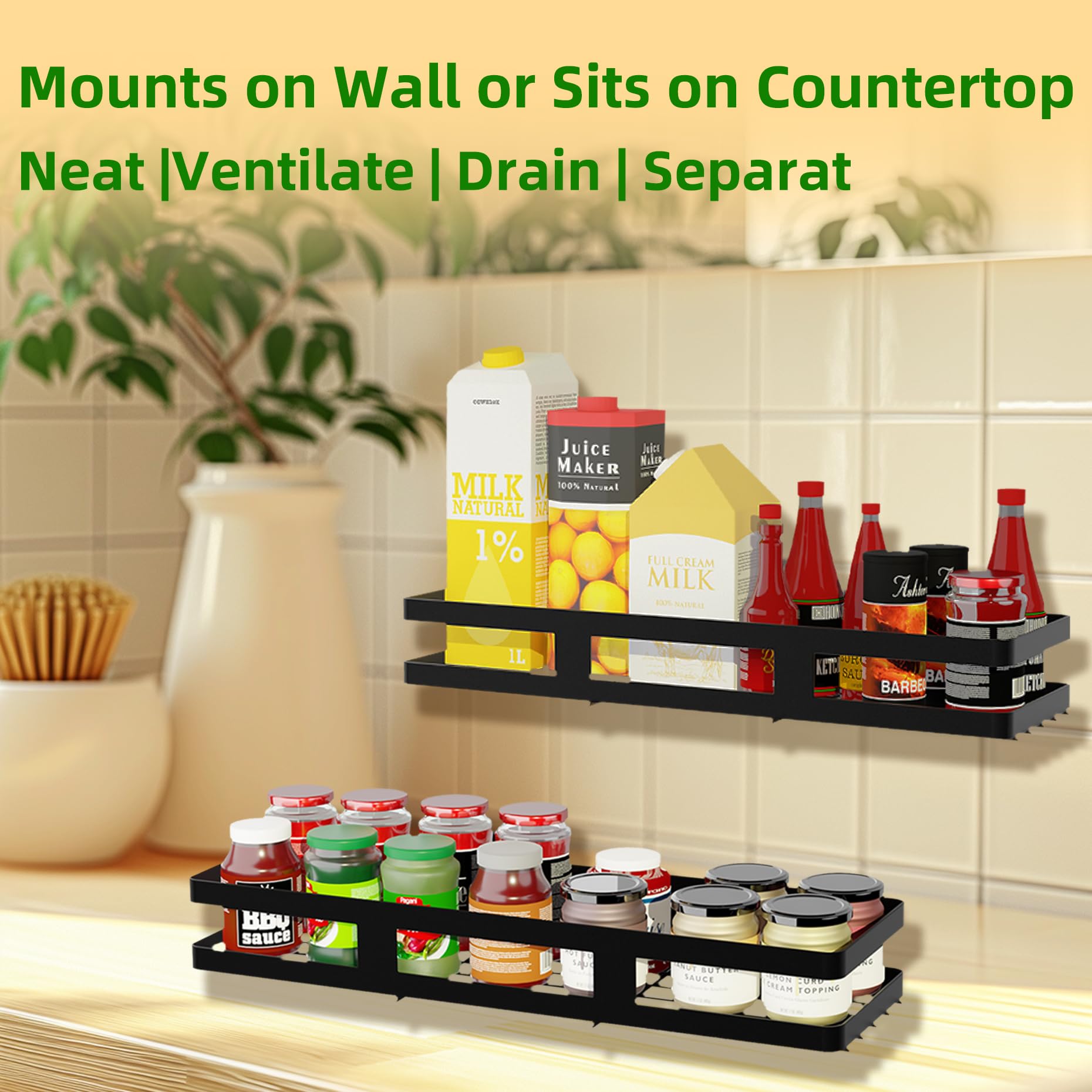 hanting Kitchen Metal Wall Mounted Spice Racks, 2 Pack Adhesive Black Storage organizer for Cabinet Door Pantry Kitchen Bathroom, No Drill Installation (15.7inches length)