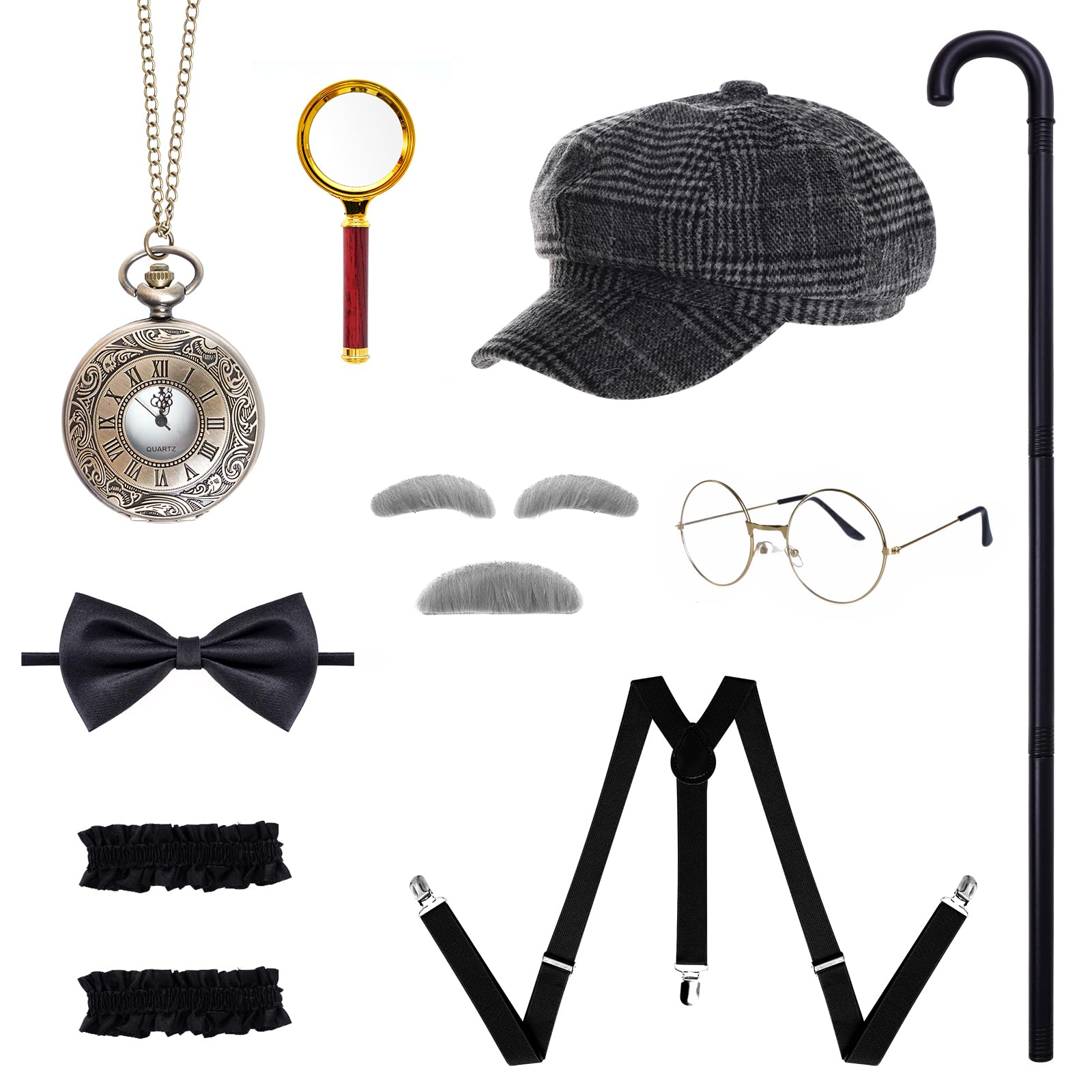 Ishua 1920s Men Gangster Costume Accessories Set, 12 pcs Men Costume Accessories, Roaring Retro Old Mens Gatsby Accessories 100 Days of School Costume