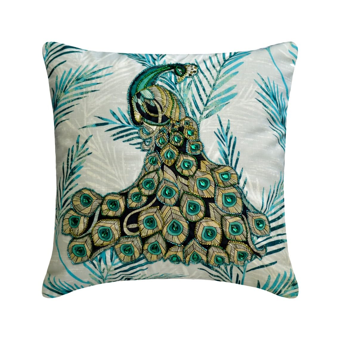 The HomeCentric Teal Pack of 2, 65x65 cm (26"x26") Cushion Covers, Cotton Peacock Cushion Covers, Birds Pattern Contemporary Style - Art Nouveau Peacock