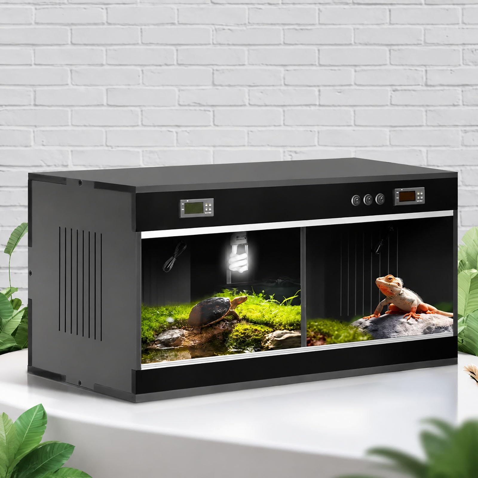 Terrarium dla gadów z podwójnym cyfrowym termostatem PVC, podzielone wiwarium z przesuwnymi drzwiami ze szkła hartowanego, izolowana skrytka hodowlana dla jaszczurek, żółwi(Black,120x60x60)