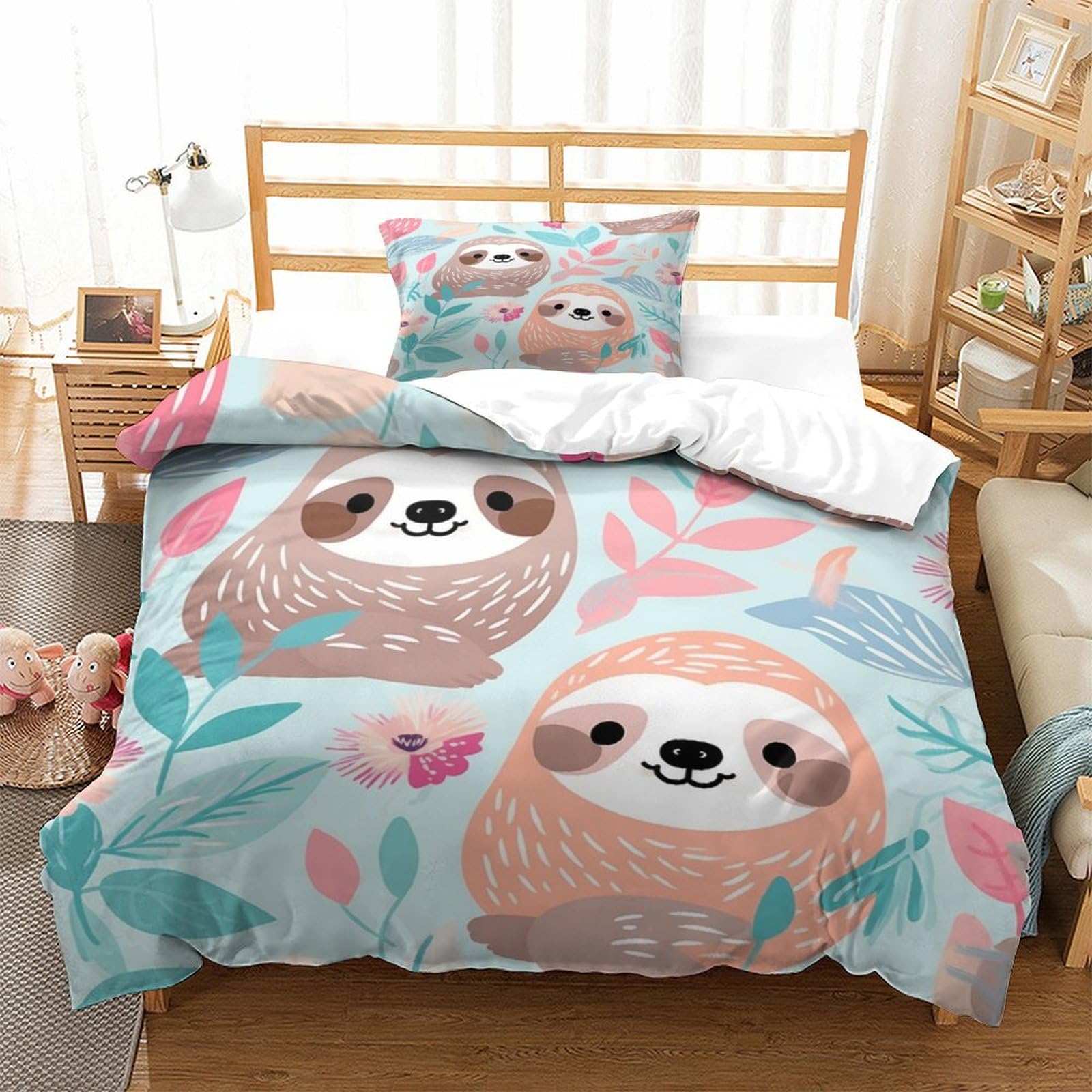 P1S9U7W5Y Charming Sloth 3D Printed Duvet Cover Set 3pcs Microfiber Animal Bedding Set Single