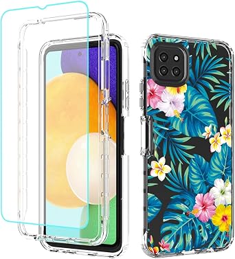 Case for Galaxy A22 5G/Galaxy A22S 5G SM-A226B Case with Tempered Glass Screen Protector, Floral Crystal Clear TPU Shockproof Protective Armor Cover for Samsung Galaxy A22 5G Flowers & Leaves