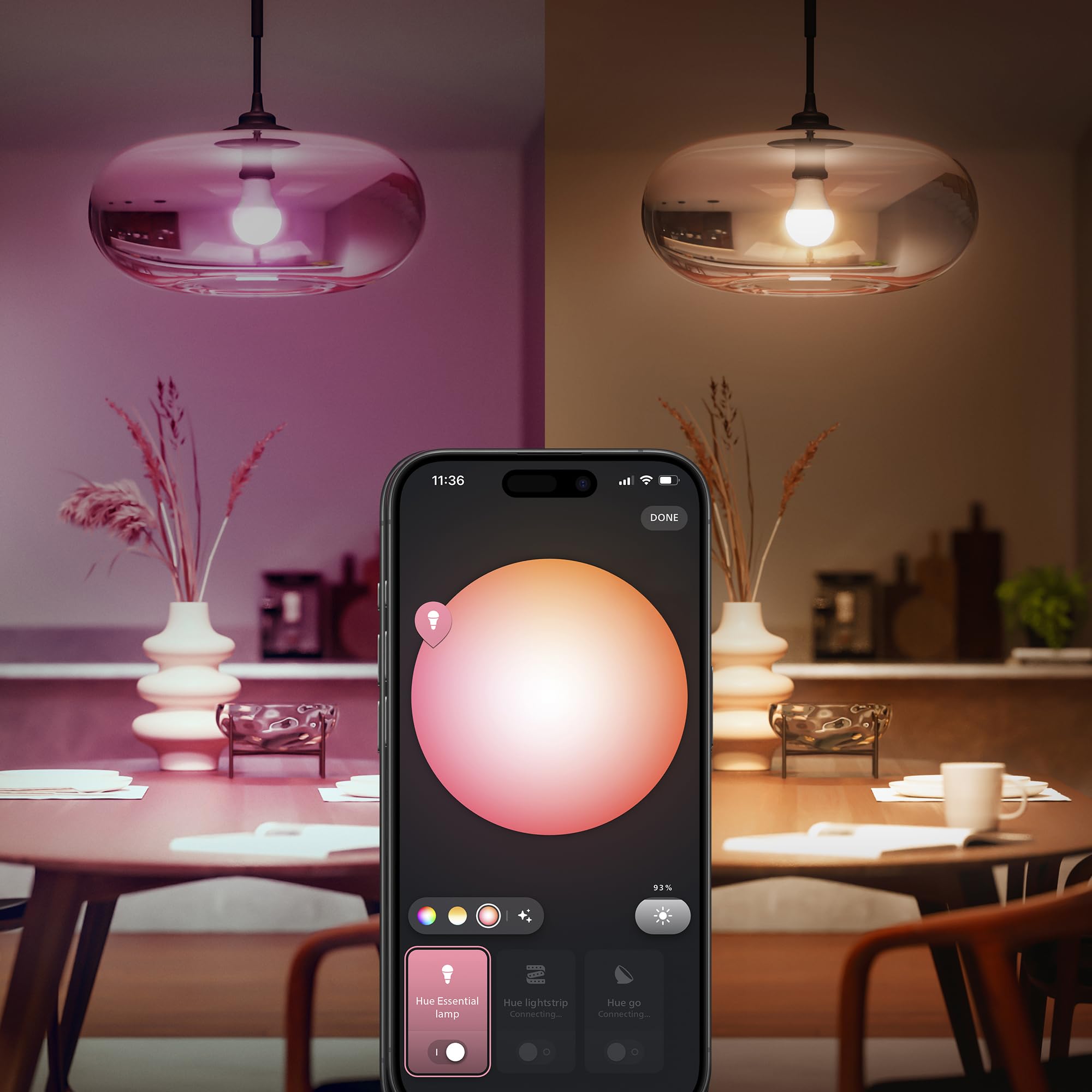 Philips Hue Kit de inicio de iluminación inteligente, paquete de 3 bombillas más puente, ambiente blanco y color, bombillas E27, 806 lúmenes, 60 W, con puente, control de aplicación, funciona con
