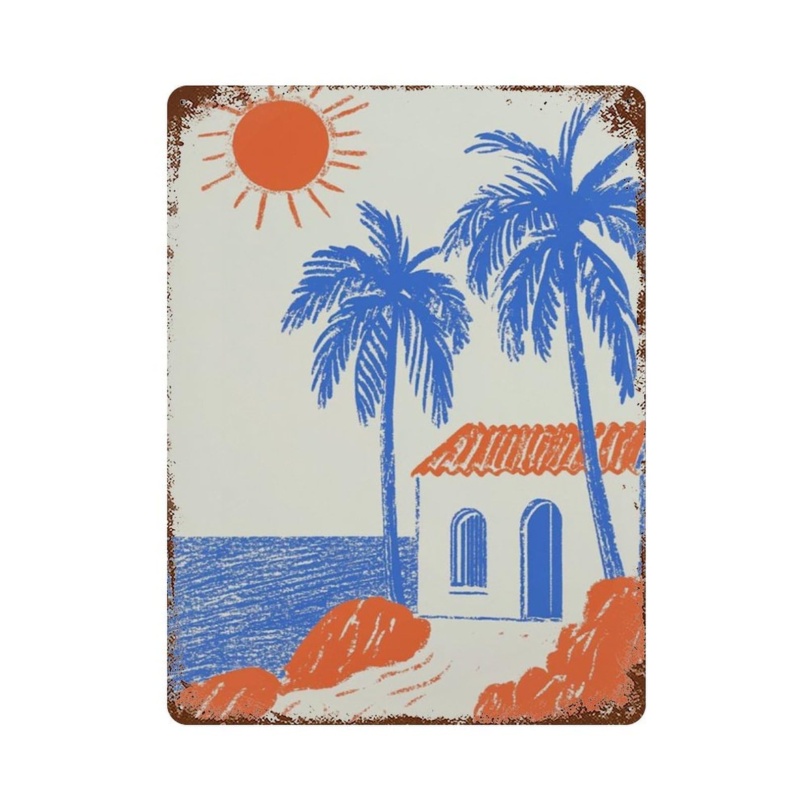 xiaoxiaoshen Mediterranean Coastal Beach House Work Minimal Seaside Blue Orange Summer Wall Decor Art Metal Tin Poster Modern Home Decor Art Home Bar Shop Decorations Vintage Sign 40x30cm