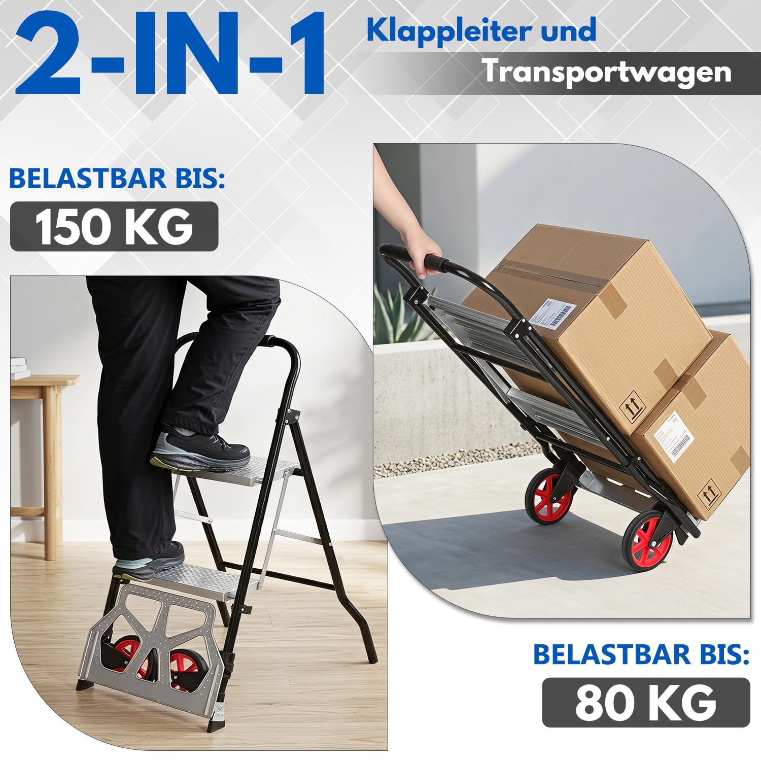 2-in-1 Sackkarre mit 2-stufige Trittleiter, klappbar