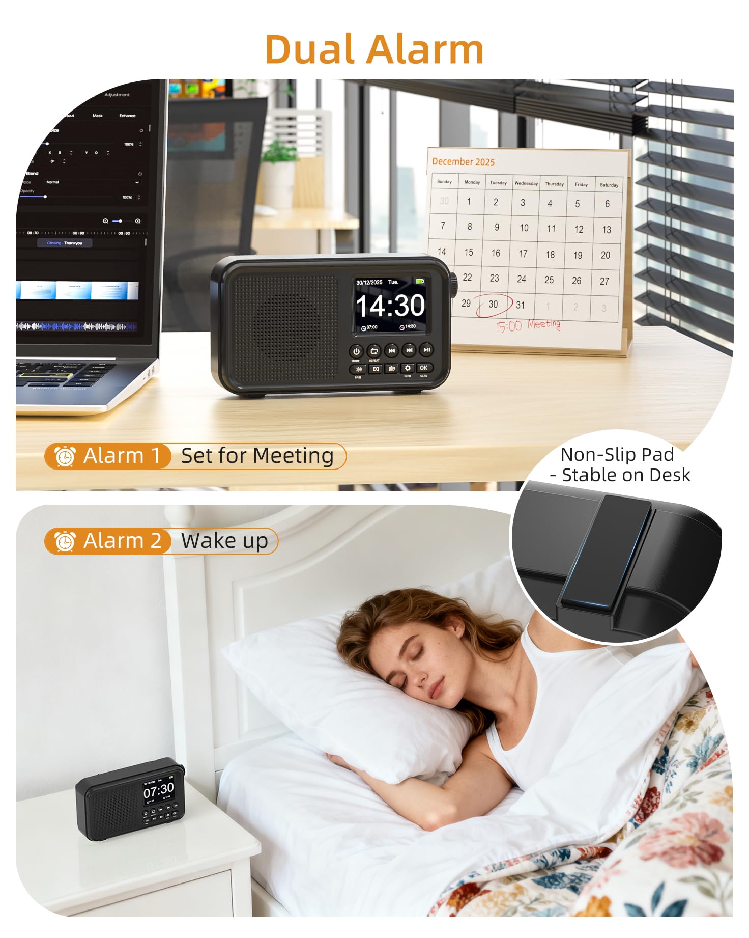 Mesqool Radio Numérique DAB/FM avec Bluetooth,Batterie Rechargeable de 3000mAh,Prise en Charge des Cartes TF de 64Go, Type-C, Prise Casque, 40 Stations FM et 40 DAB Préréglées, Modes EQ, Double Alarme