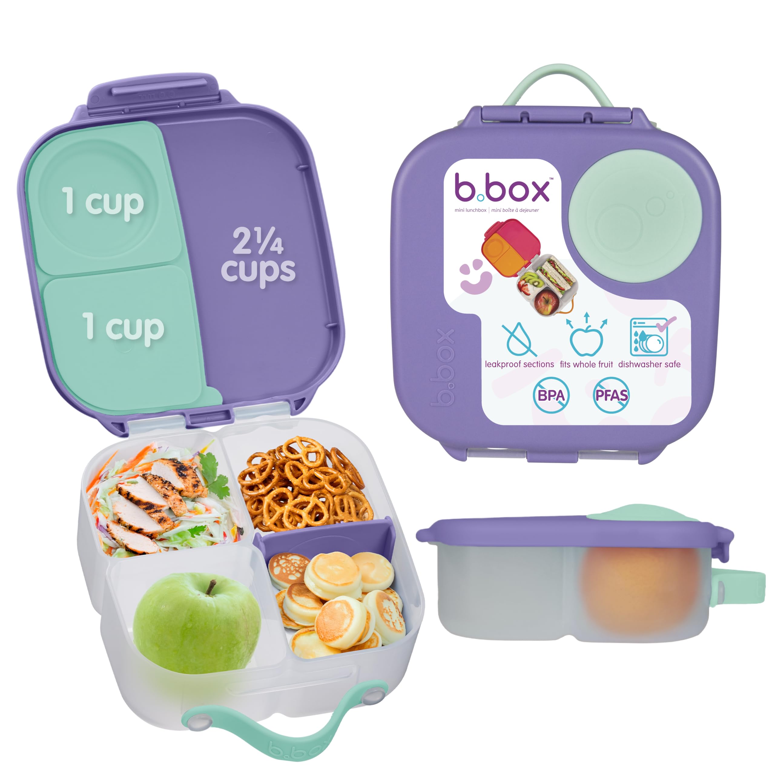 Mini Lunch Box, 4.25 Cup Leak Proof Bento Box for Kids Ages 3+, 3 Compartment Snack Containers, School Lunch Container, Dishwasher Safe, BPA-Free, PFAS-Free - Lilac Pop
