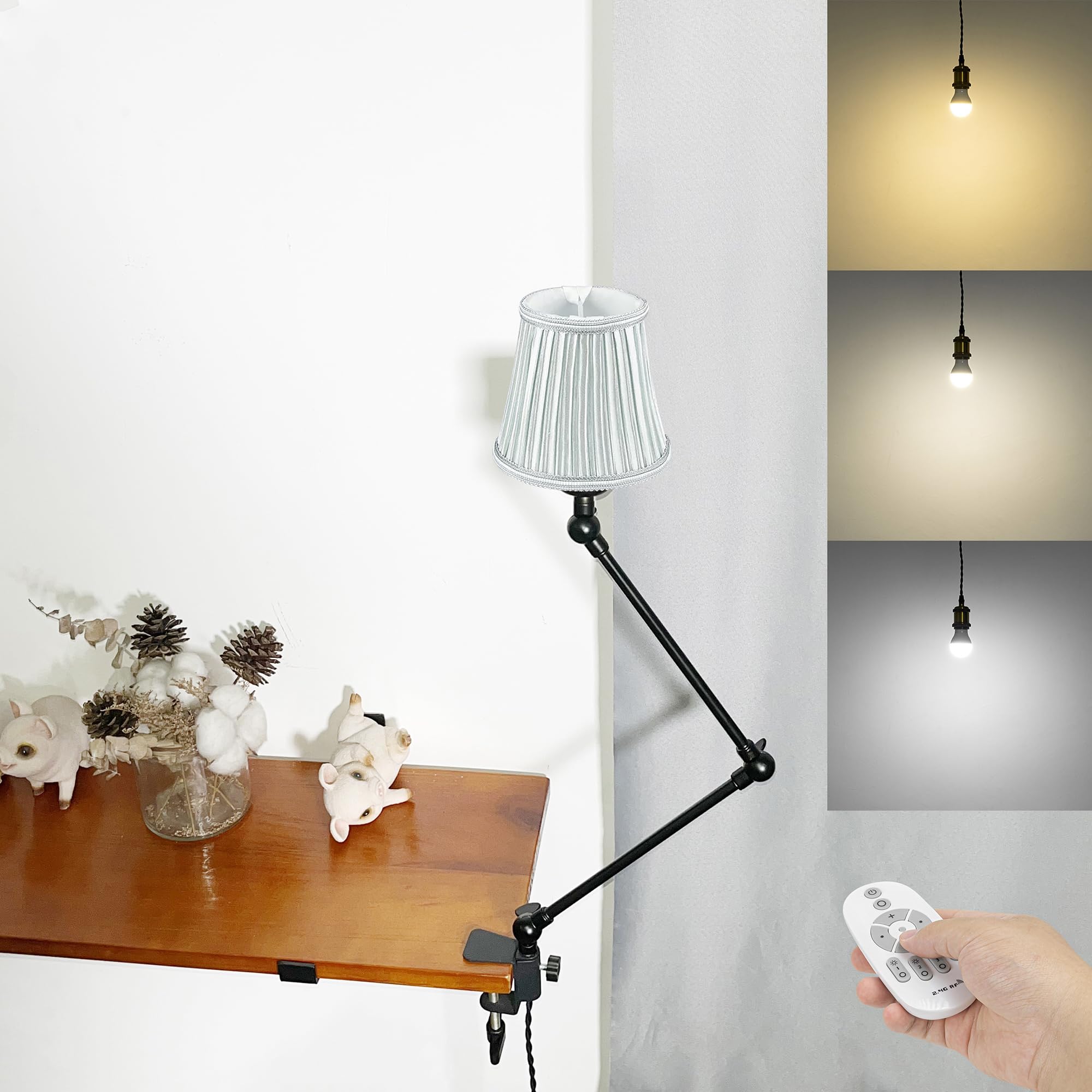 Klemmleuchte mit Fernsteuerung,1 Packung Leselampe mit 2,5 m Kabel, Dimmbar Nachttischlampe,Augenpflege Schreibtischlampe für Büro Heimgebrauch, E27 Lampenhalterung - DZ0332/19