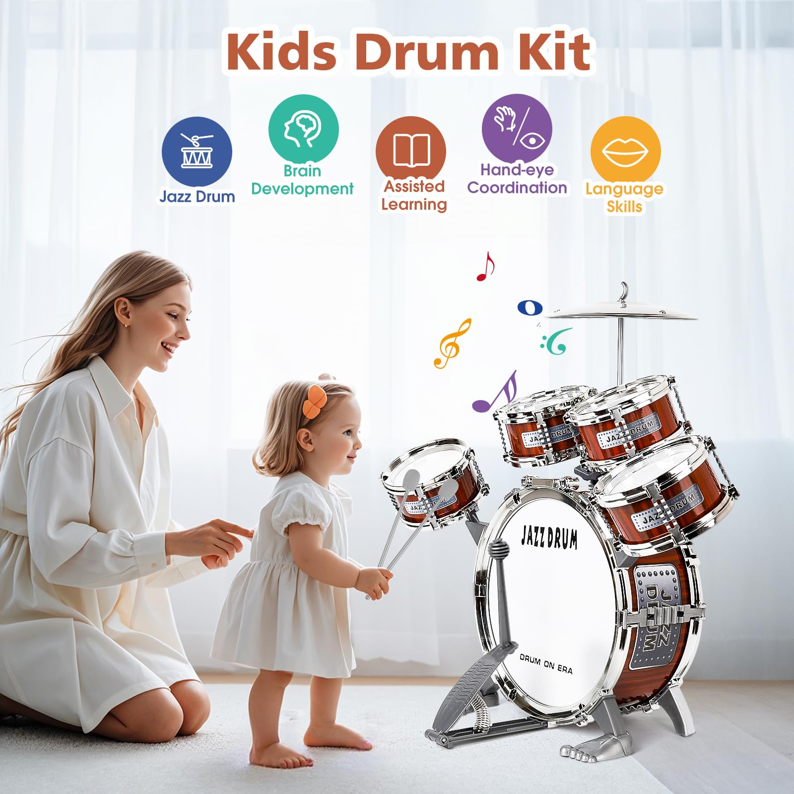 Batteria per Bambini, Set Batteria Jazz Strumento Musicale 5 Tamburi con Sgabello, Toddler Drum Set Musicale Percussione Giocattolo Regalo per Bambini 3 4 5 Ragazzi e Ragazze