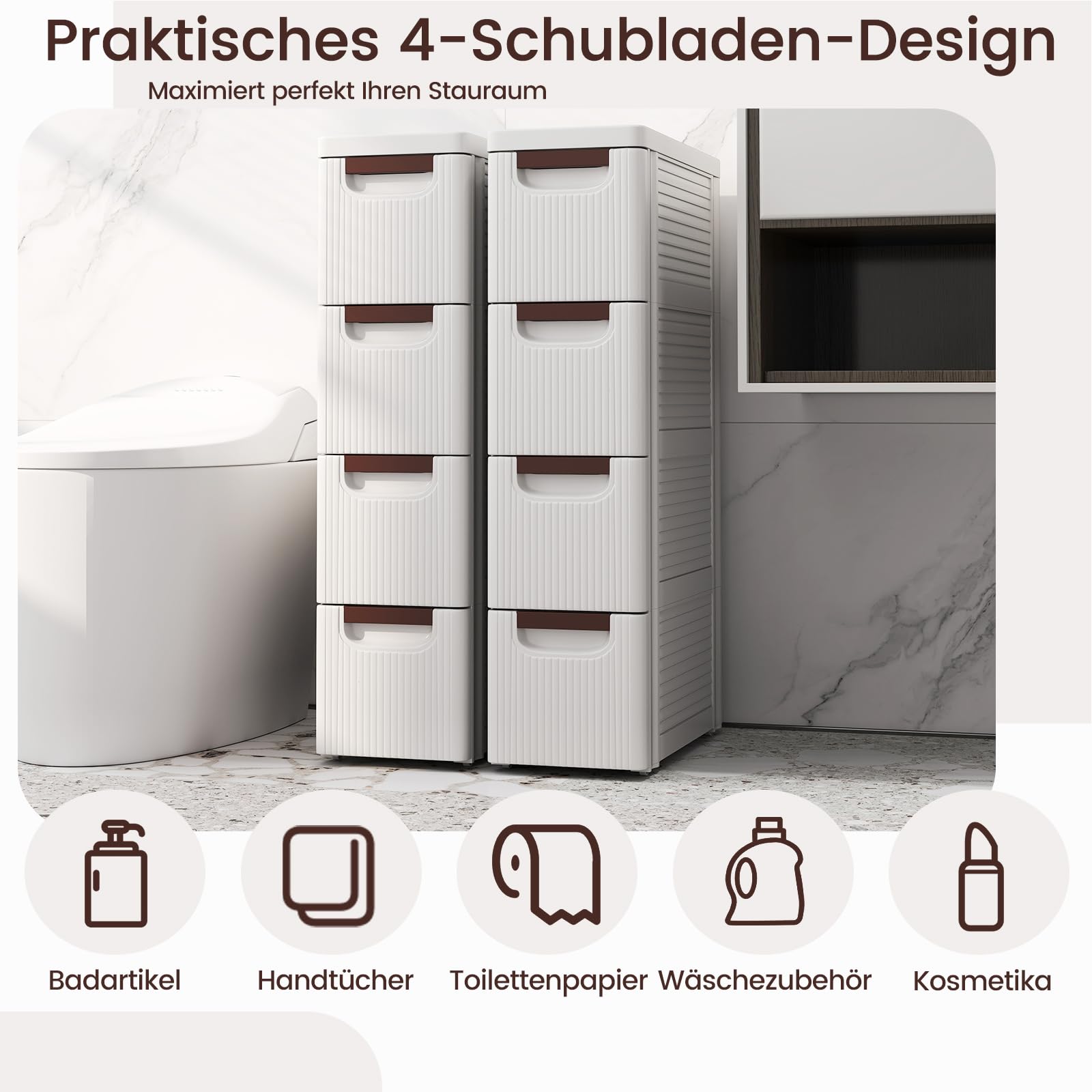 GIANTEX Nischenschrank Nischenregal 19 cm breit, Nischenwagen auf Rollen, Schmaler Rollschrank Rollwagen mit 4 Schubladen, Badschrank Badrollwagen kleiner Schubladenschrank Toilettenschrank für Bad