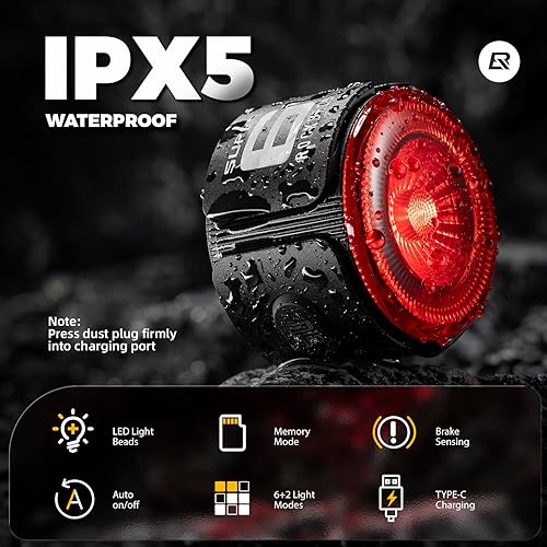 Miniatura 6 de ROCKBROS Luz trasera de bicicleta inteligente, ángulo ajustable y doble montaje luces traseras de bicicleta, cuentas potentes con diseño óptico de