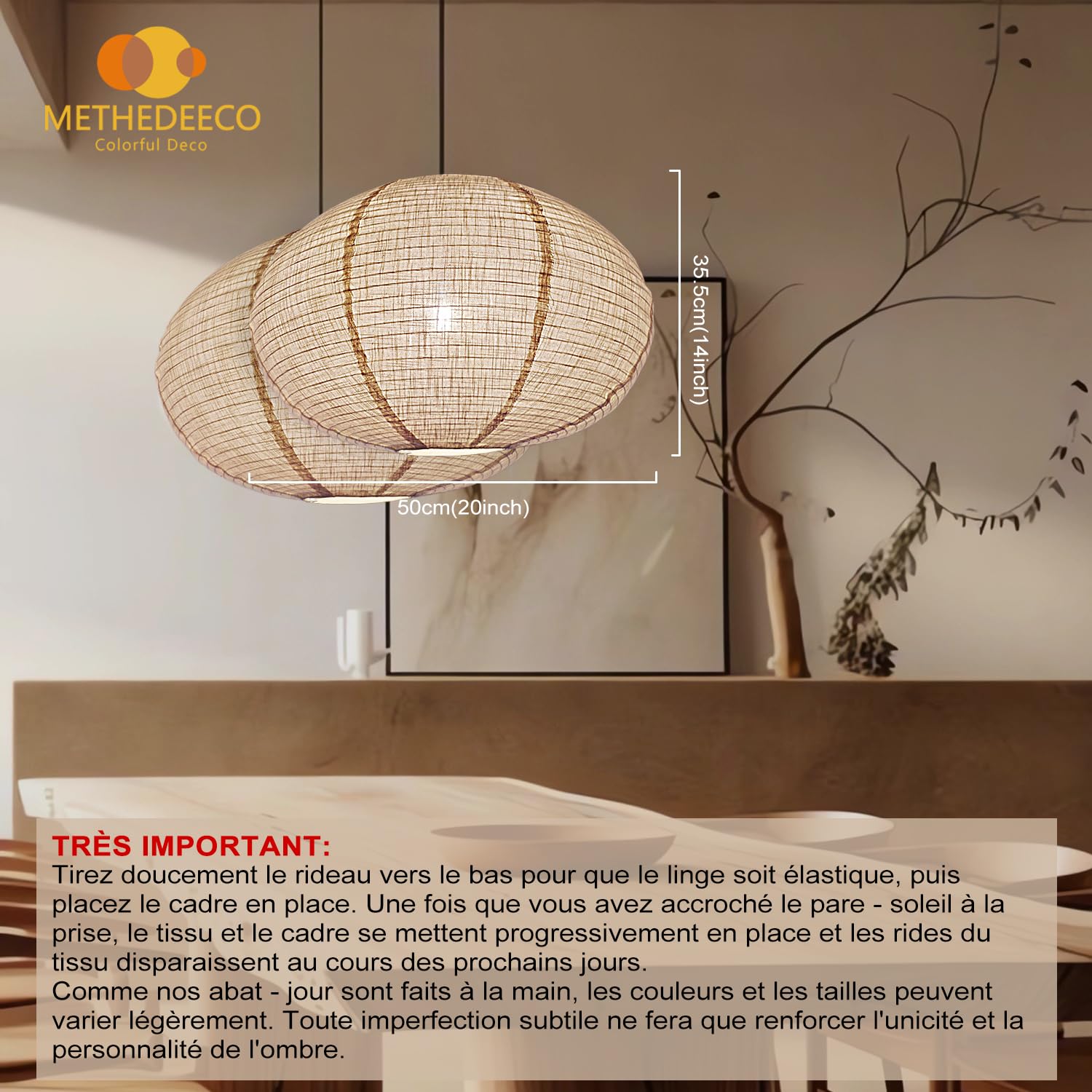 Abat Jour 40cm Abat-jour Suspendu En Lin Naturel METHEDEECO - Lot De 2 Lanternes Bohø 40cm Pour Déco Intérieur/extérieur Décoration Intérieure Extérieure