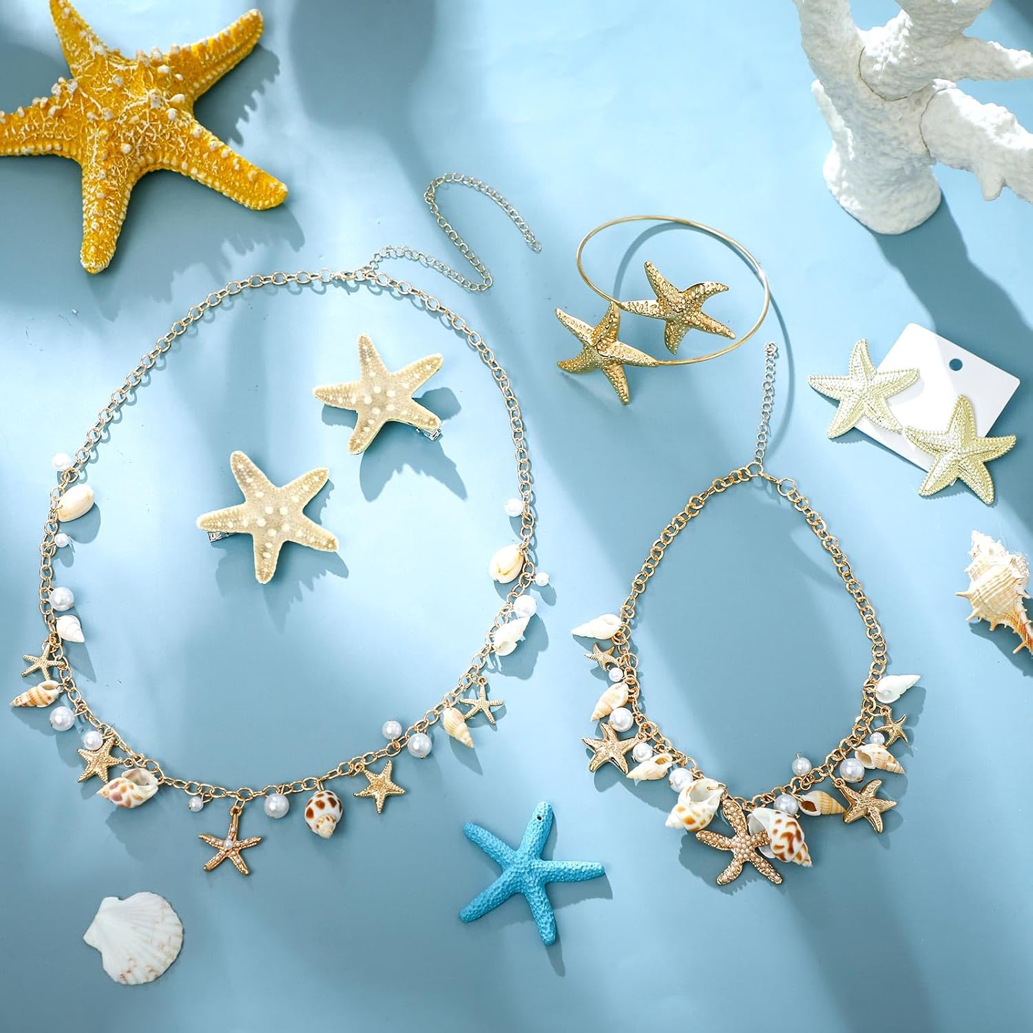 6 Pcs Mermaid Jewelry Costume Accessories Starfish Hair Clips Earrings Armband Shell Starfish Necklace Pearl Waist Chain Belt for Women Halloween - Image 6
