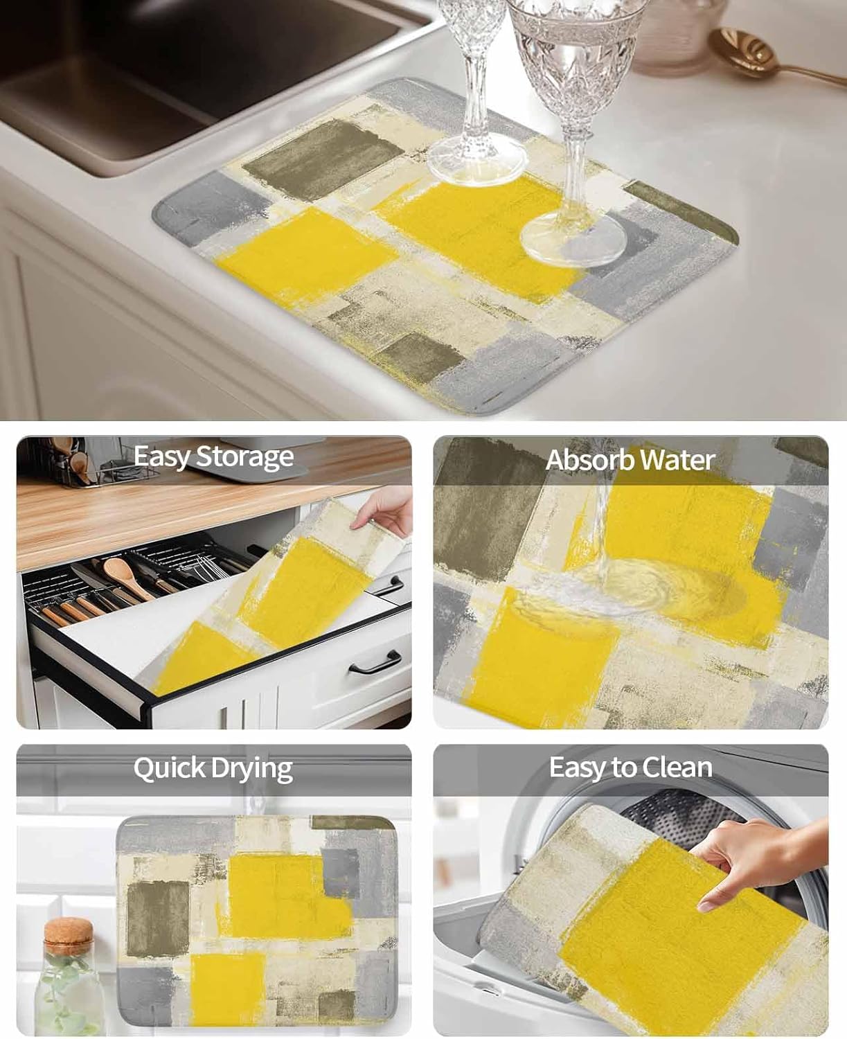 Dish Drying Mat for Kitchen, Abstract Art Yellow Mottled Texture Vintage Absorbent Dish Drying Pad, Kitchen Counter Mat for Dishes Utensils Camping, 18"x24"(2 Pcs)