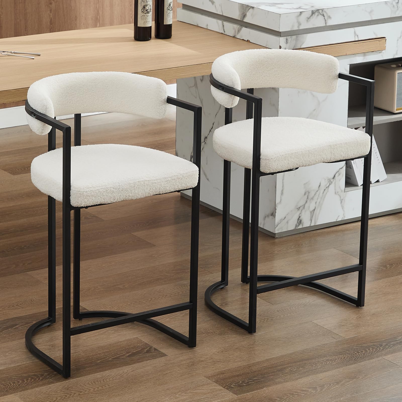 2 x Modern Kitchen High Stools Faux Leather Bar Chairs with Back, Counter High Stools with Metal Legs for Kitchen Island/Restaurant, White