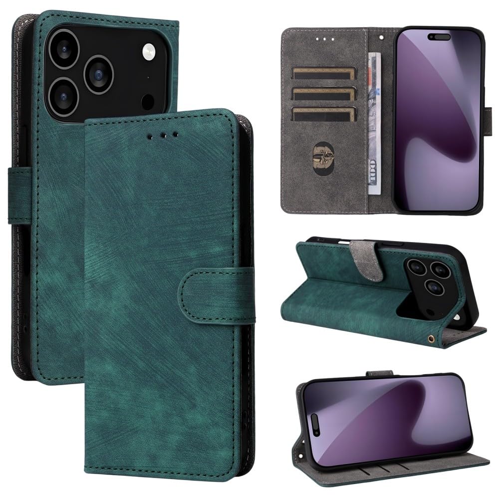 Étui en cuir iPhone 17 vert uni à rabat magnétique - 7