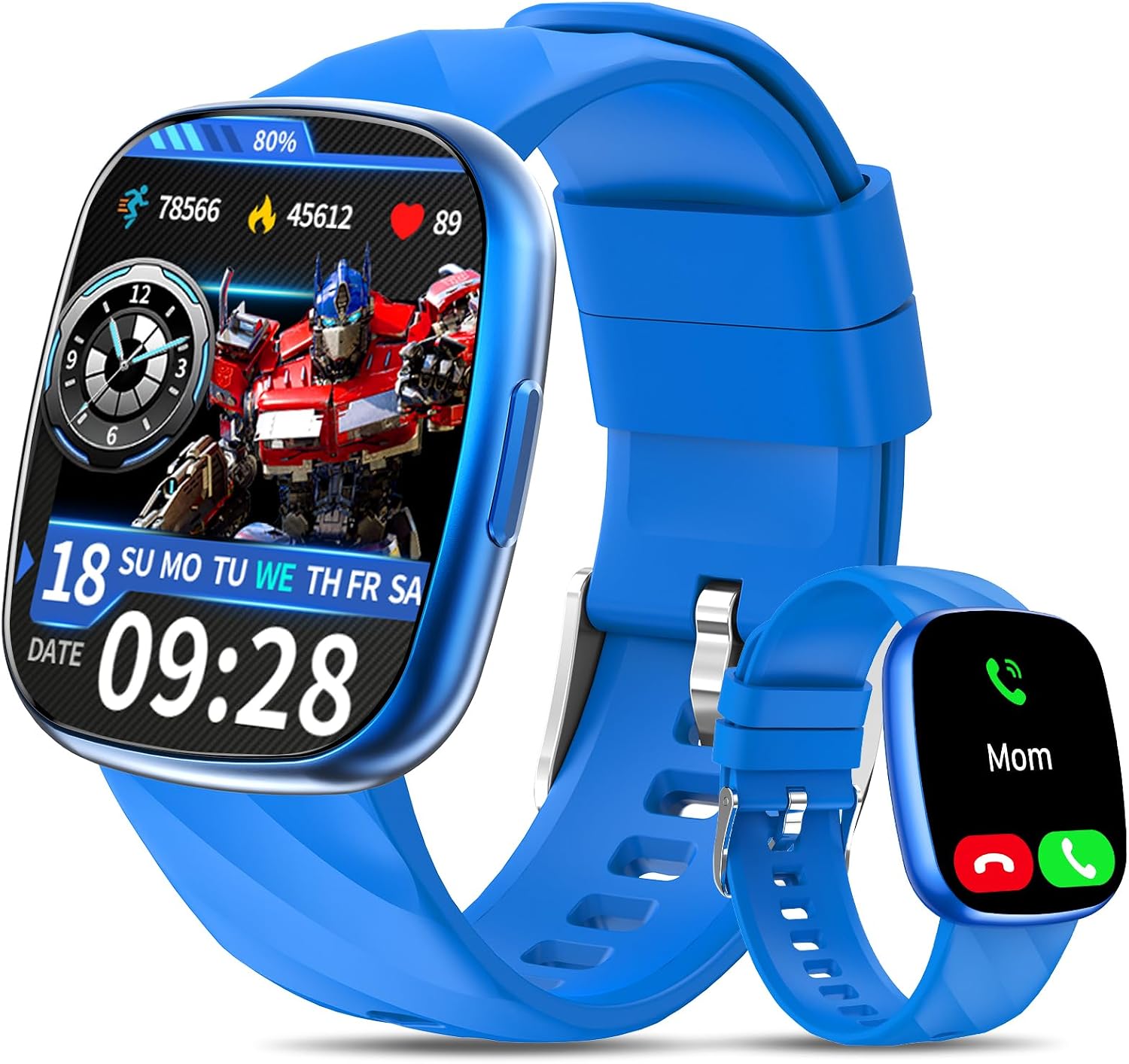Transformers Kids Smart Watch for Boys & Girls,1.78" HD Touchscreen Fitness Tracker with Heart Rate & Sleep Monitor,IP68 Sports Activity Watch with Pedometer, Birthday Gift for 5-16 Year Olds,Blue