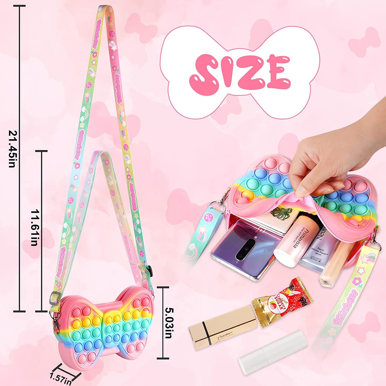Party Propz Pop It Bag for Girls - Rainbow Butterfly Pop It Pouch | Silicone Popit Bag for Girls, Women, Kids | Return Gift for Kids | Cross Body Sling Bag Purse for Girls Kids | Kids Purse for Girls - Image 3 thumbnail