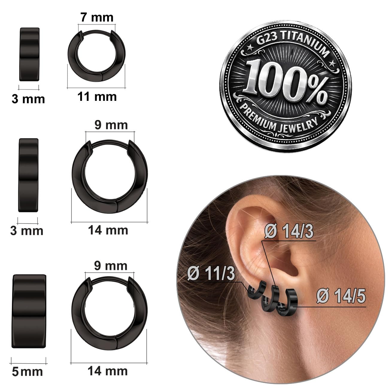 Soul-Cats Pendientes de aro G23 de titanio con bisagra en negro: pendientes unisex ultraligeros para mujer y hombre
