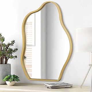 Comprar Espejo dorado para decoración de pared, pequeño espejo asimétrico moderno con marco de madera, forma única, espejo artístico decorativo para sala de estar, dormitorio, baño, entrada