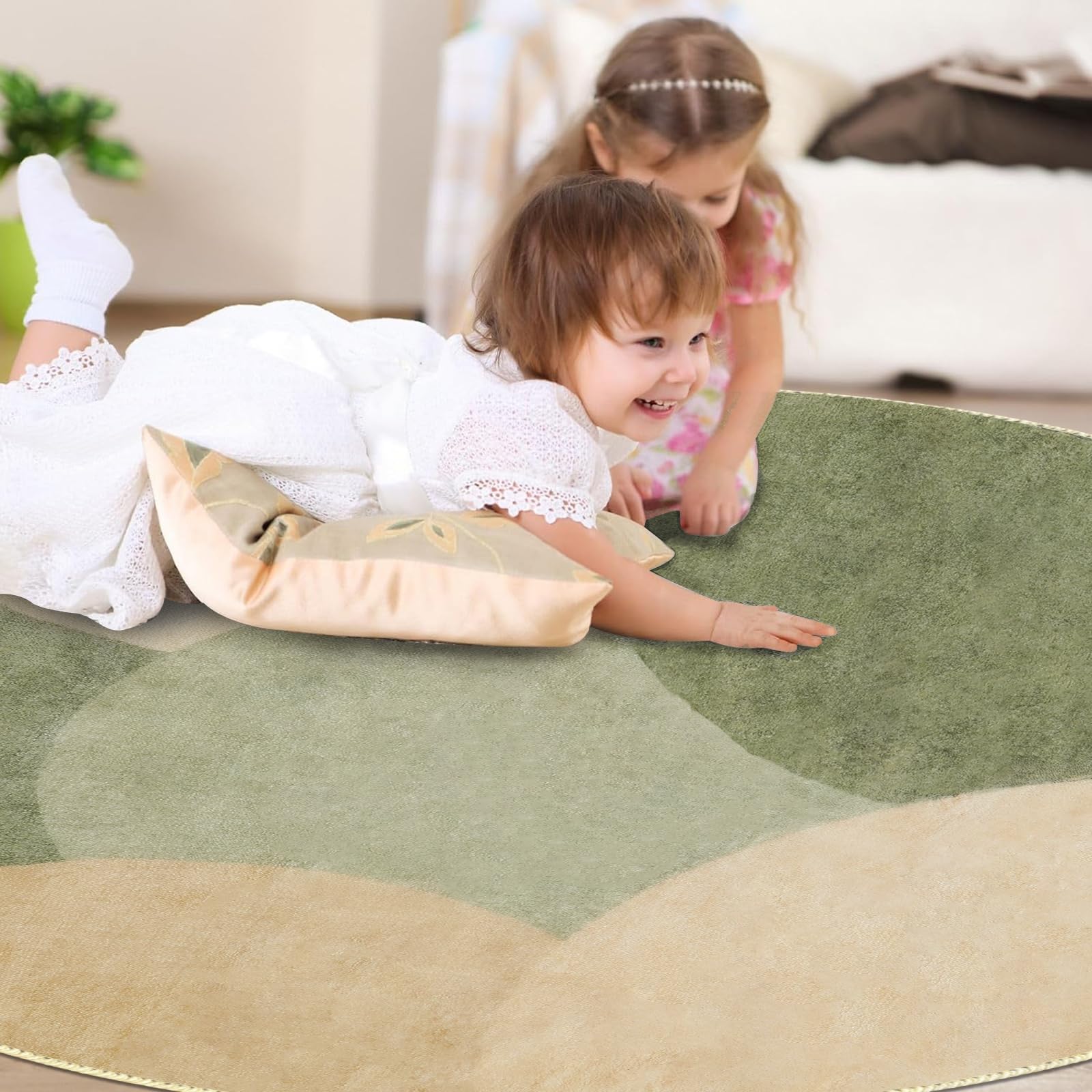 Runder Teppich 160cm Grün Beige Modern, Halbkreis Muster Flauschig Kurzflor, Antirutsch Wohnzimmer Teppich Waschbar Weich Kuschel