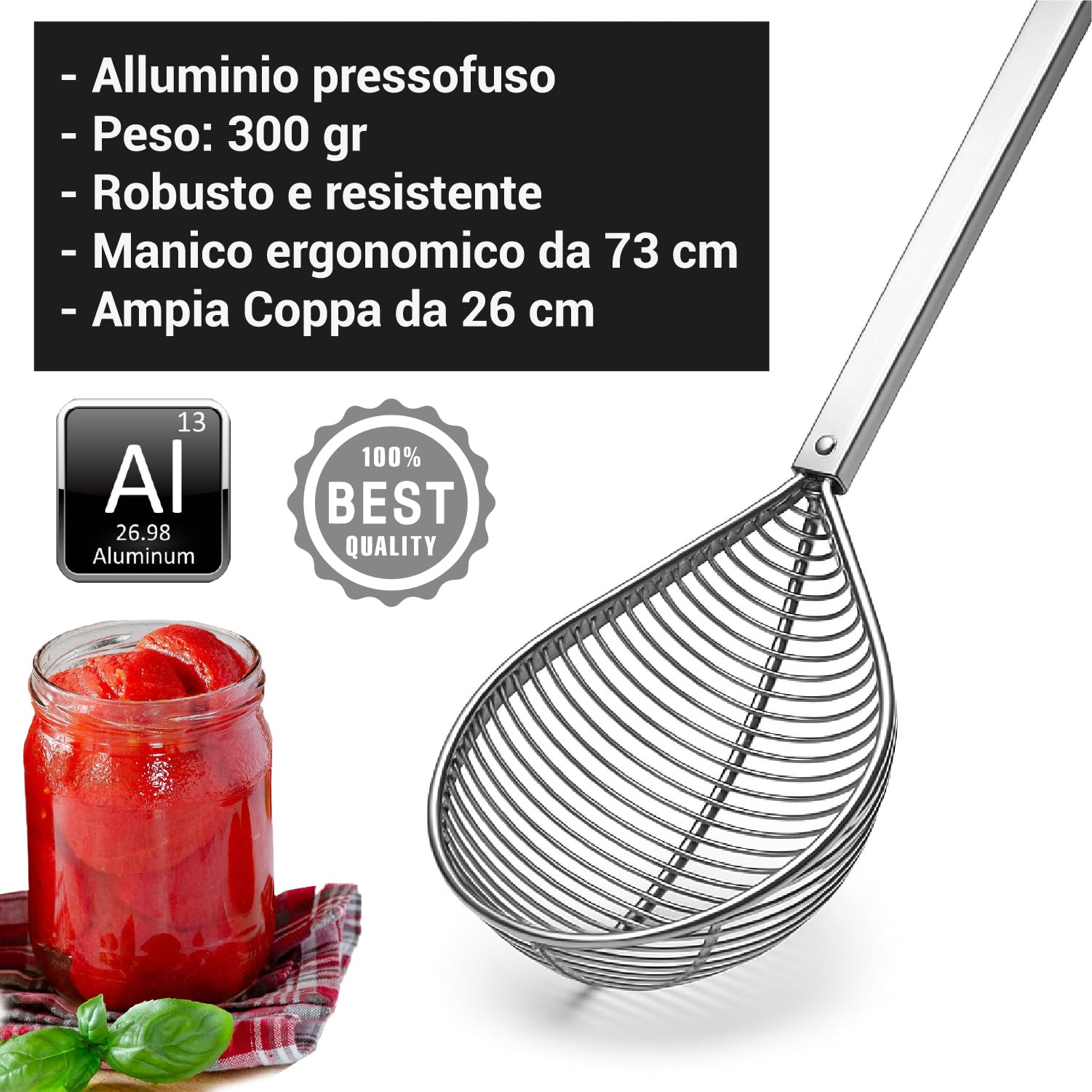 Crisalide® Colapomodoro in Alluminio Pressofuso – Manico 73 cm, Coppa da 26 cm – Utensile Professionale per Estrarre Pomodori e Alimenti