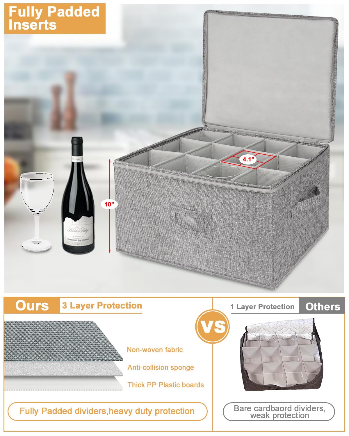 Stemware Storage Cases 2 Pack, Wine Glass Storage Box Containers Dividers Glassware Crystal Holds 16 Red White Wine Glasses Hard Top Stackable Grey