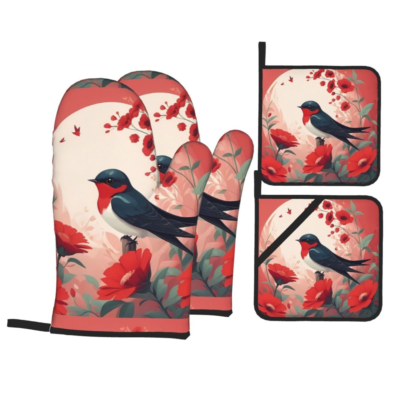HJFCZH Little Swallow in Red Flower Picture Kitchen Baking Set of 4 Thick Insulated Oven Mitt & Pot Holders, Anti-Scalding for Microwave, Oven, Outdoor BBQ