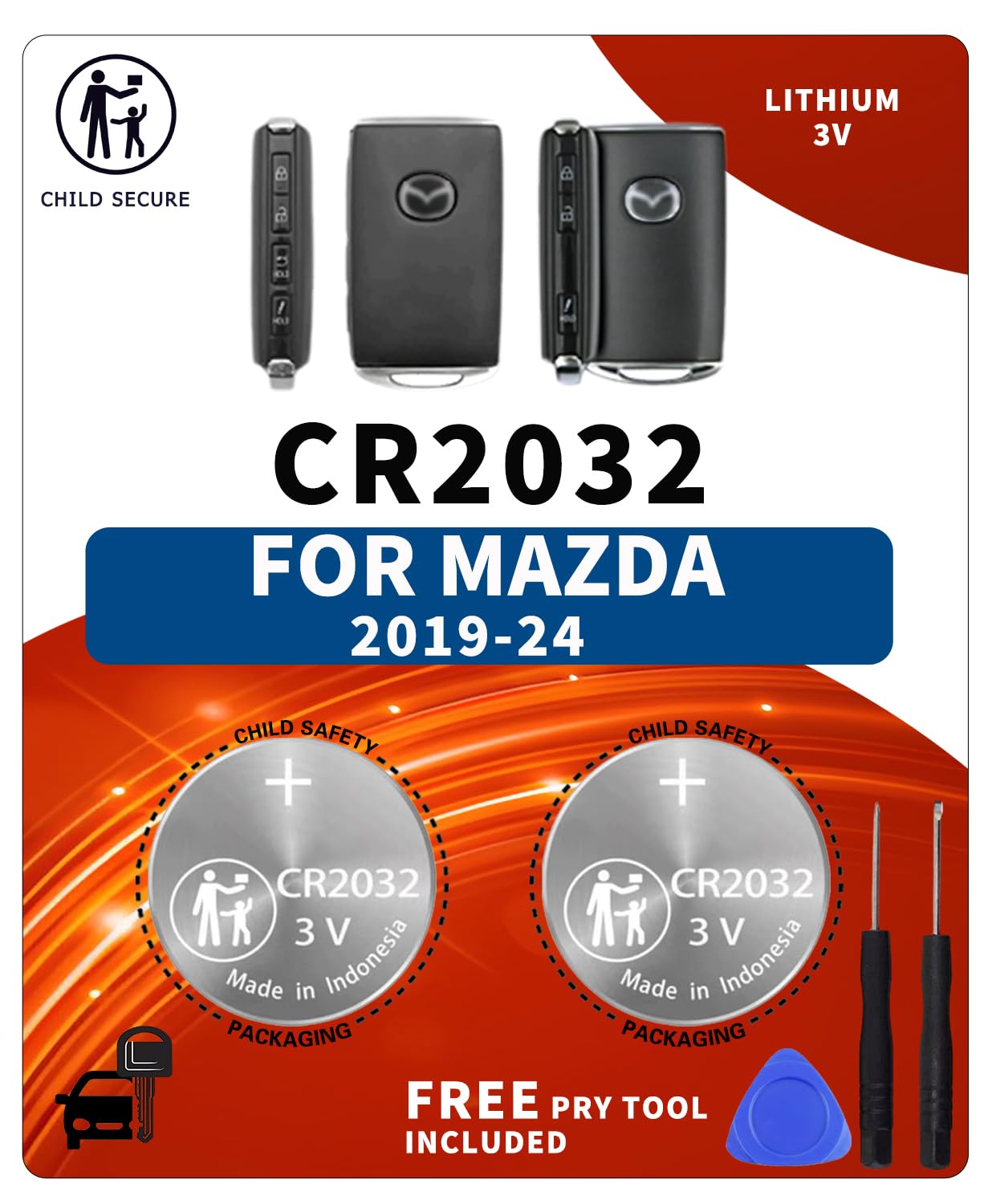 BBXSA Key Fob Battery Replacement for Mazda (2019-2025) 3 6 CX-5 CX-30 CX-9 CX-50 CX-90 CX-3 CX-70 MX-5 Miata Smart Remote Fob Battery CR2032 (Check