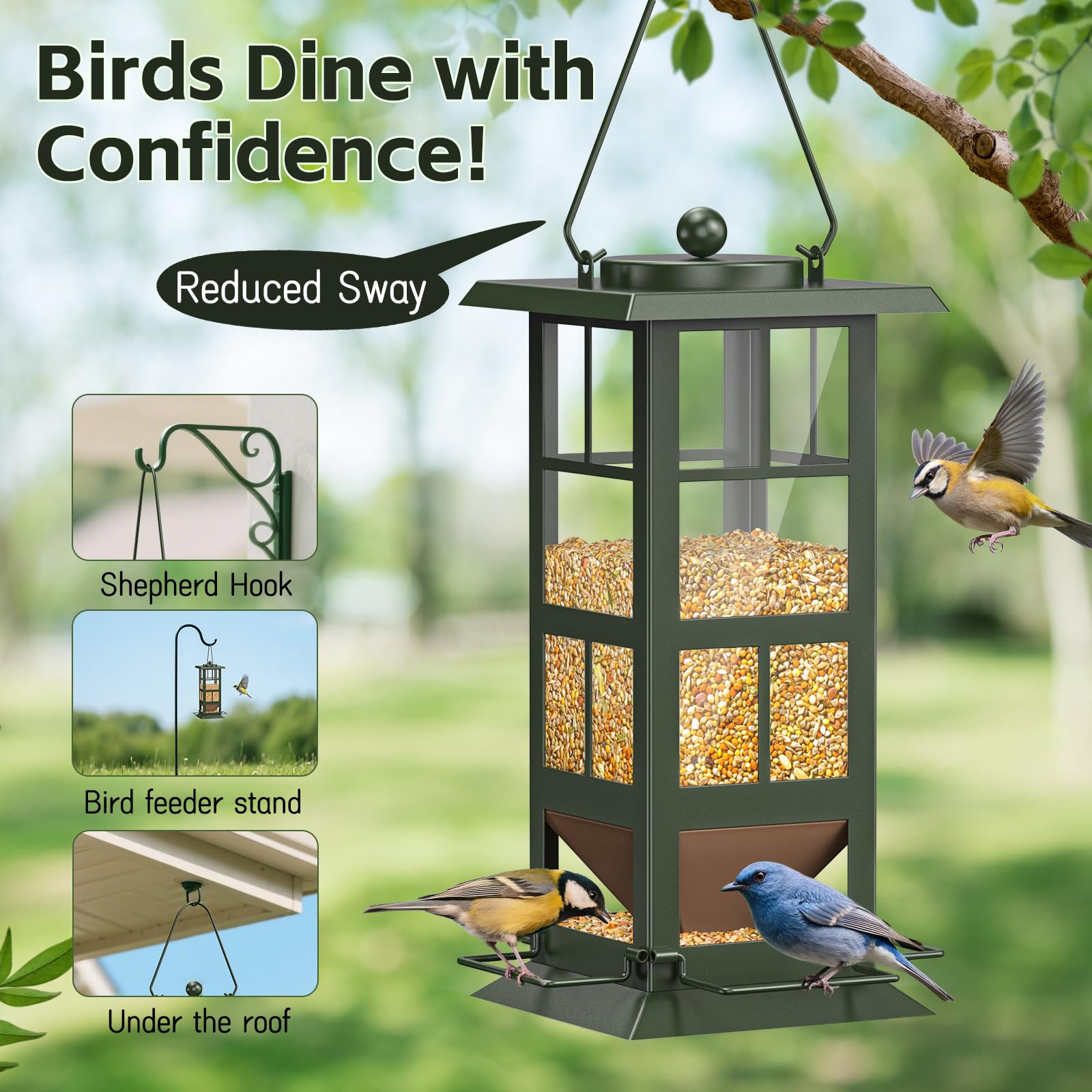 Wildpark Comedero colgante de metal para pájaros con 4 agujeros de drenaje, fácil de llenar, diseño resistente a la intemperie, atrae cardenales, Blue Jays y más