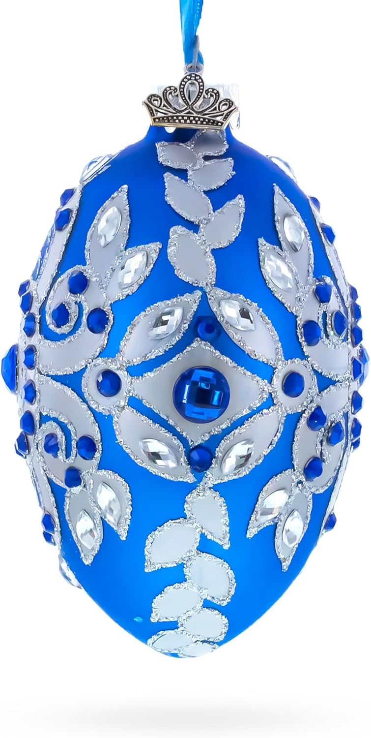 Silver on Blue Glass Egg Christmas Ornament 4 Inches