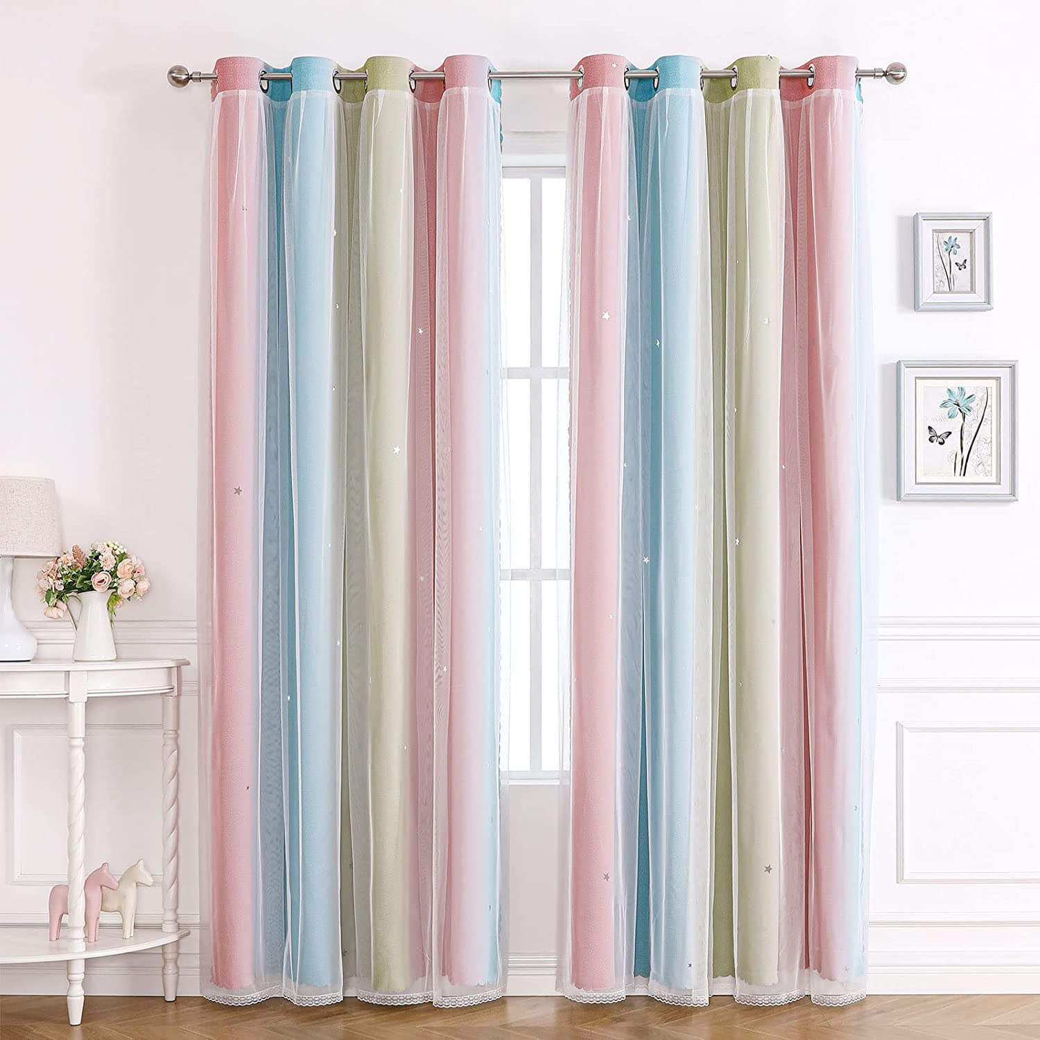 BlackoutCurtains for Bedroom Living Room Curtains Kids Nursery Girls,Net Curtains for Windows,2 Panel 46 x 54 inch Drop Soundproof Black Out Curtains Eyelet Voile Curtain Thermal Lined Pink Green
