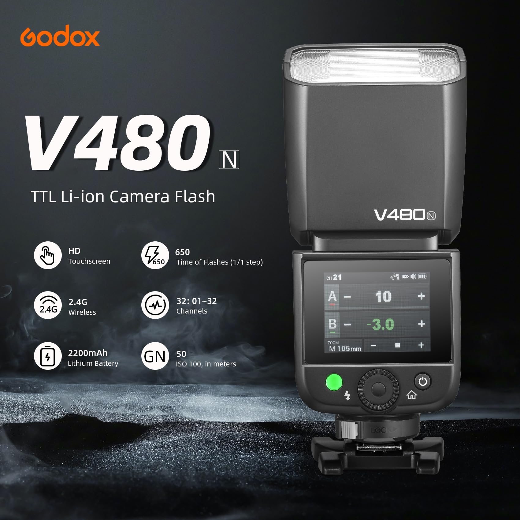 GODOX V480N V480 N TTL Kamera Flash Speedlite für Nikon, GN50 2.4G 1/8000 HSS, V480N 650 Luces de Plena Potencia, Compatible con cámara Nikon