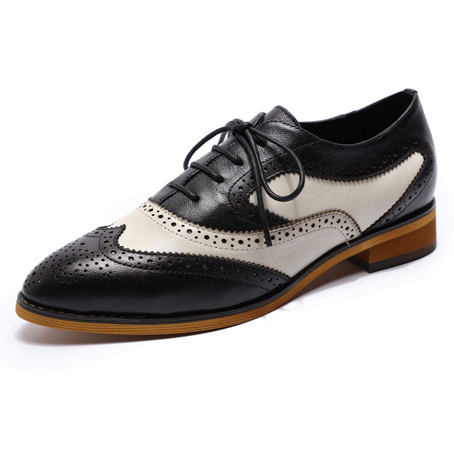 Women's Perforated Oxfords Wingtip Brogue Lace up Leather Flat Office Work Shoes for Ladies