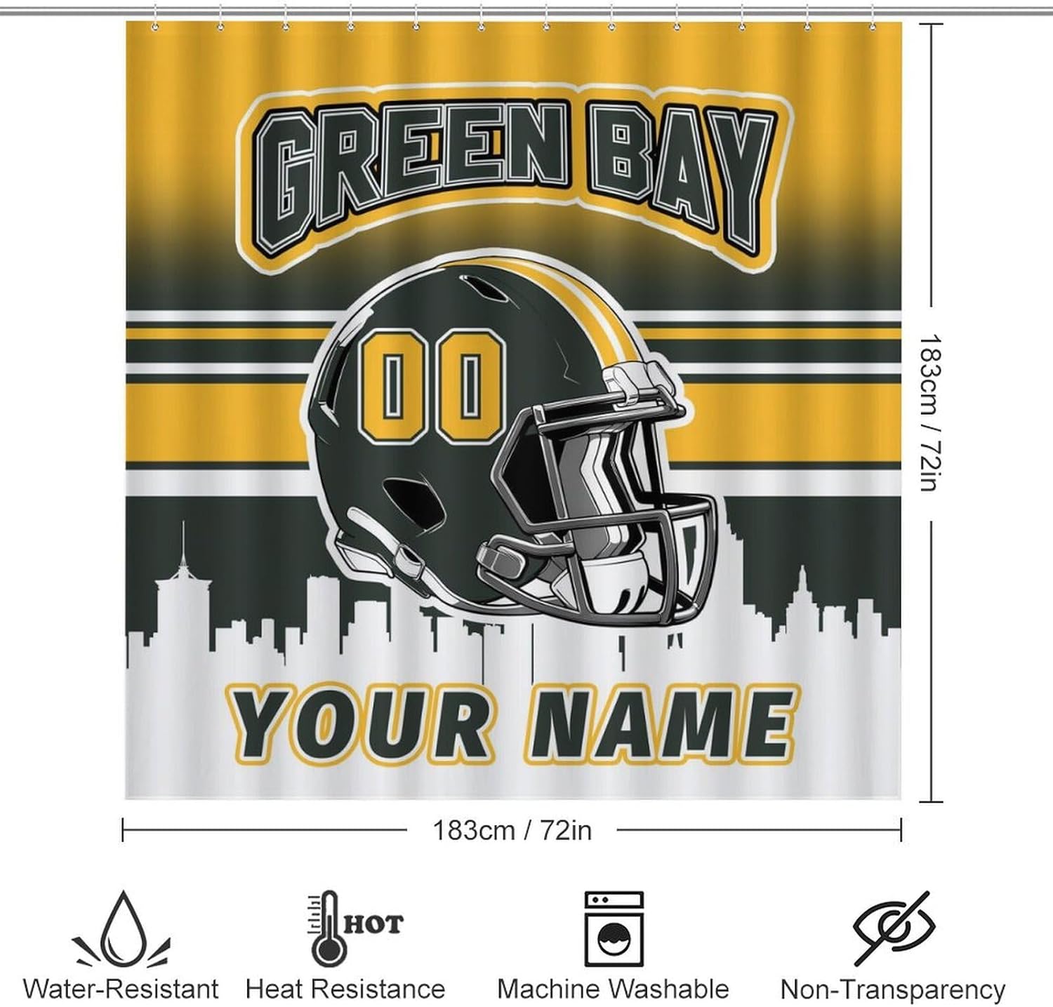 Custom 4PCS Green Bay Shower Curtain Set for Bathroom Personalized Name and Number Shower Curtain Bath Mat Toilet Mats for Women Men Teenager Boys 72 Inch X 72 Inch