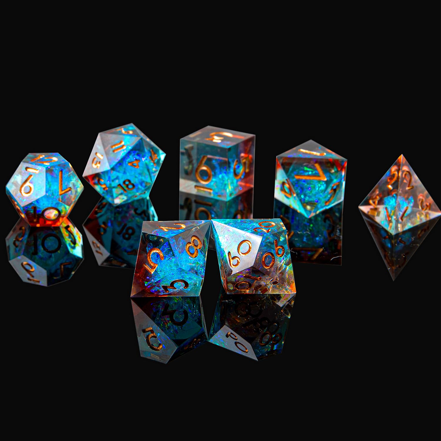 DND – Jeu de dés polyédriques en résine à bords tranchants avec étui à dés, faits à la main, 7 accessoires pour jeux de rôle Donjons et Dragons, dés D&D (bleu marron)