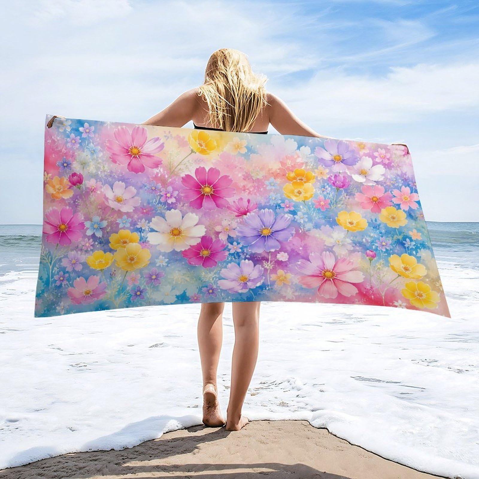 Anceky Floral Watercolor Beach Towel 32"×63",Soft Microfiber Bath Towel Shawl, Quick Dry Absorbent Pool Spa Gym Shower Towel