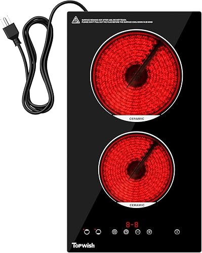 Placa eléctrica de 2 quemadores, estufa de cerámica integrada de 12 pulgadas, estufa eléctrica de 120 V con bloqueo para niños, temporizador,